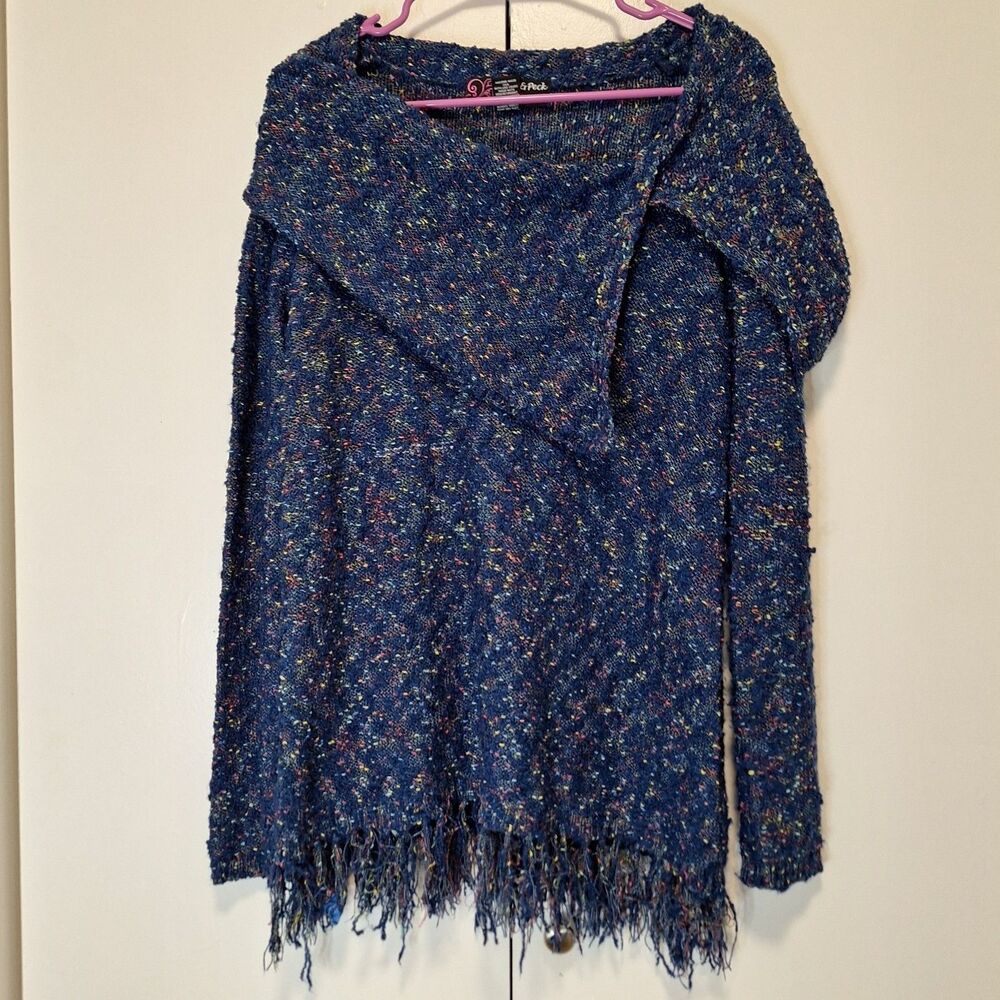 Peck & Peck Womens Medium Sweaters Tweed Blue Boucle Fringe Cowl Long Sleeve